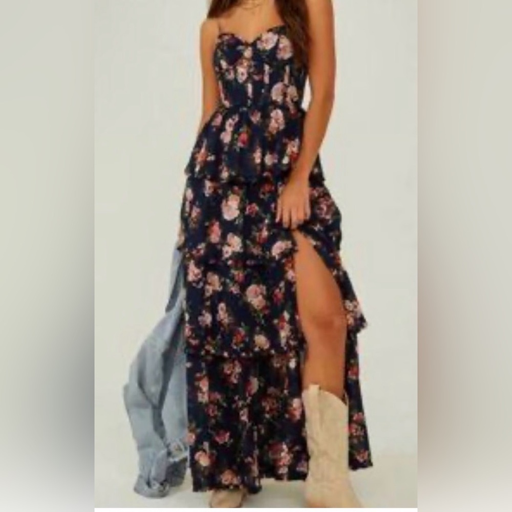 Altar'd State Stellini Navy Floral Maxi Dress Sweetheart Neckline Tiered S